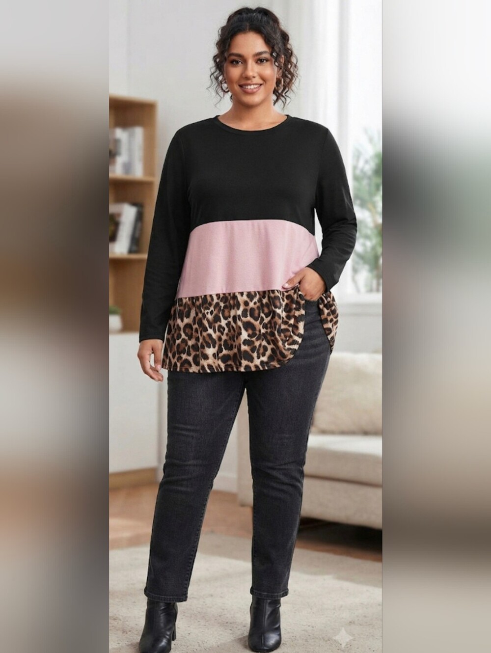 SHEIN Curve Colorblock Top 1XL Black Pink Leopard Print Long Sleeve Plus Size